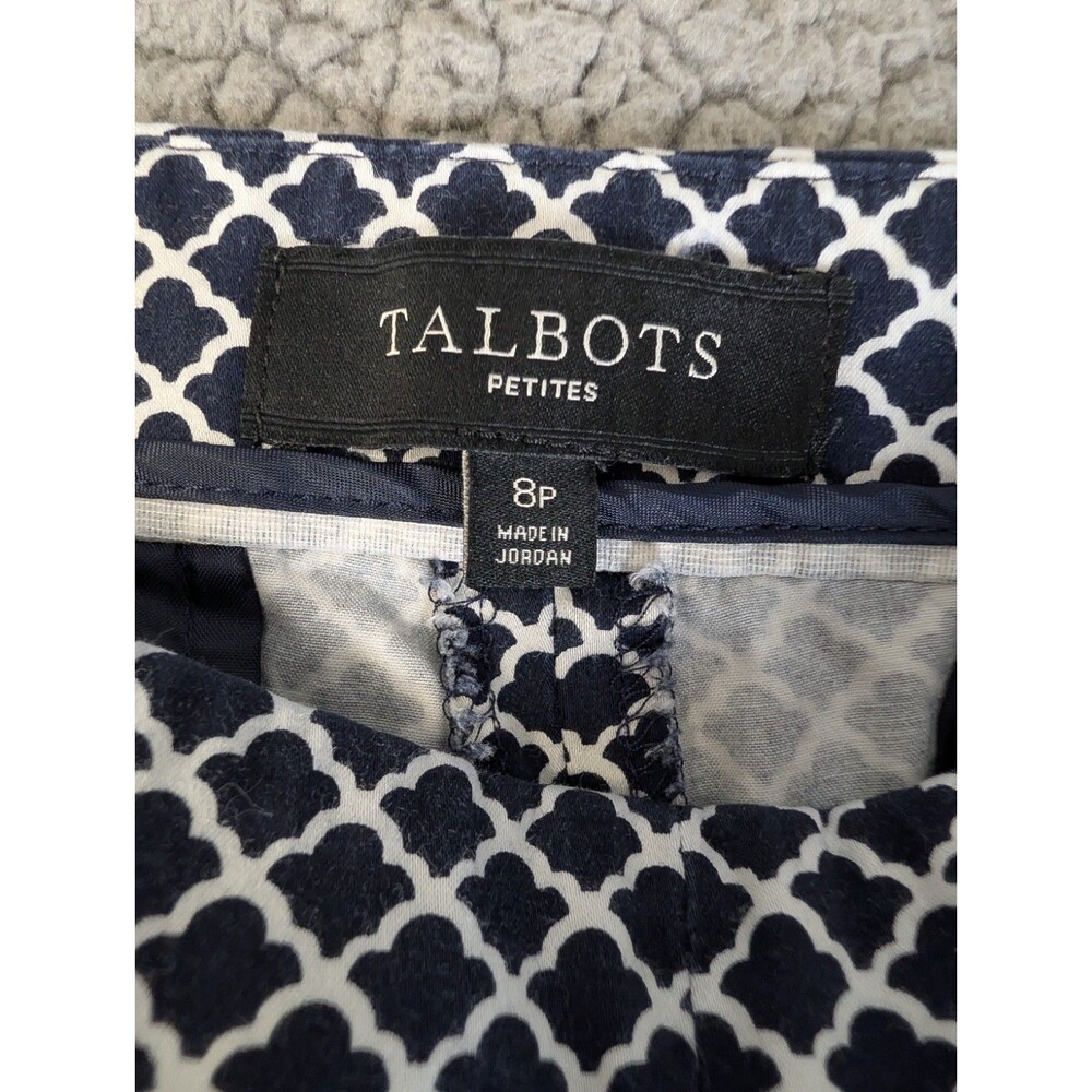 Talbots Capri Cropped Pants Womens 8P Straight Mid Rise Geometric Blue White - Picture 2 of 9
